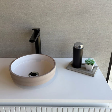 Selva Round Vessel Ceramic Concrete Sink - Smooth White Ceramic Interior with Textured Sand Exterior