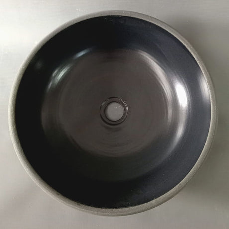 Tierra Round Vessel Ceramic Concrete Sink - Smooth Black Ceramic Interior with Textured Grey Exterior