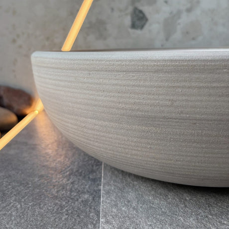 Tierra Round Vessel Ceramic Concrete Sink - Smooth White Ceramic Interior with Textured Light Grey Exterior