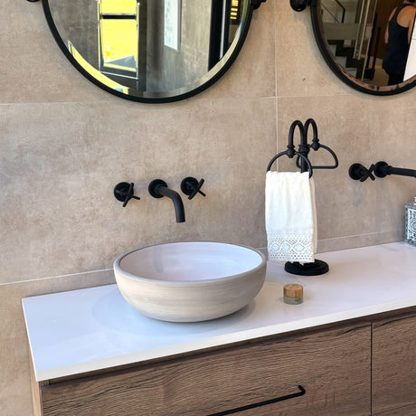 Tierra Round Vessel Ceramic Concrete Sink - Smooth White Ceramic Interior with Textured Light Grey Exterior