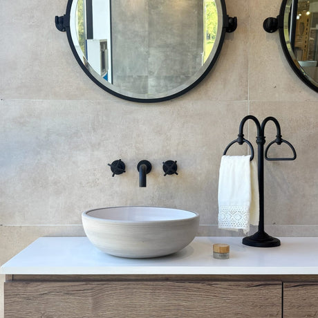 Tierra Round Vessel Ceramic Concrete Sink - Smooth White Ceramic Interior with Textured Light Grey Exterior