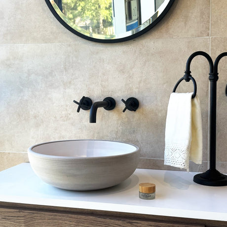 Tierra Round Vessel Ceramic Concrete Sink - Smooth White Ceramic Interior with Textured Light Grey Exterior