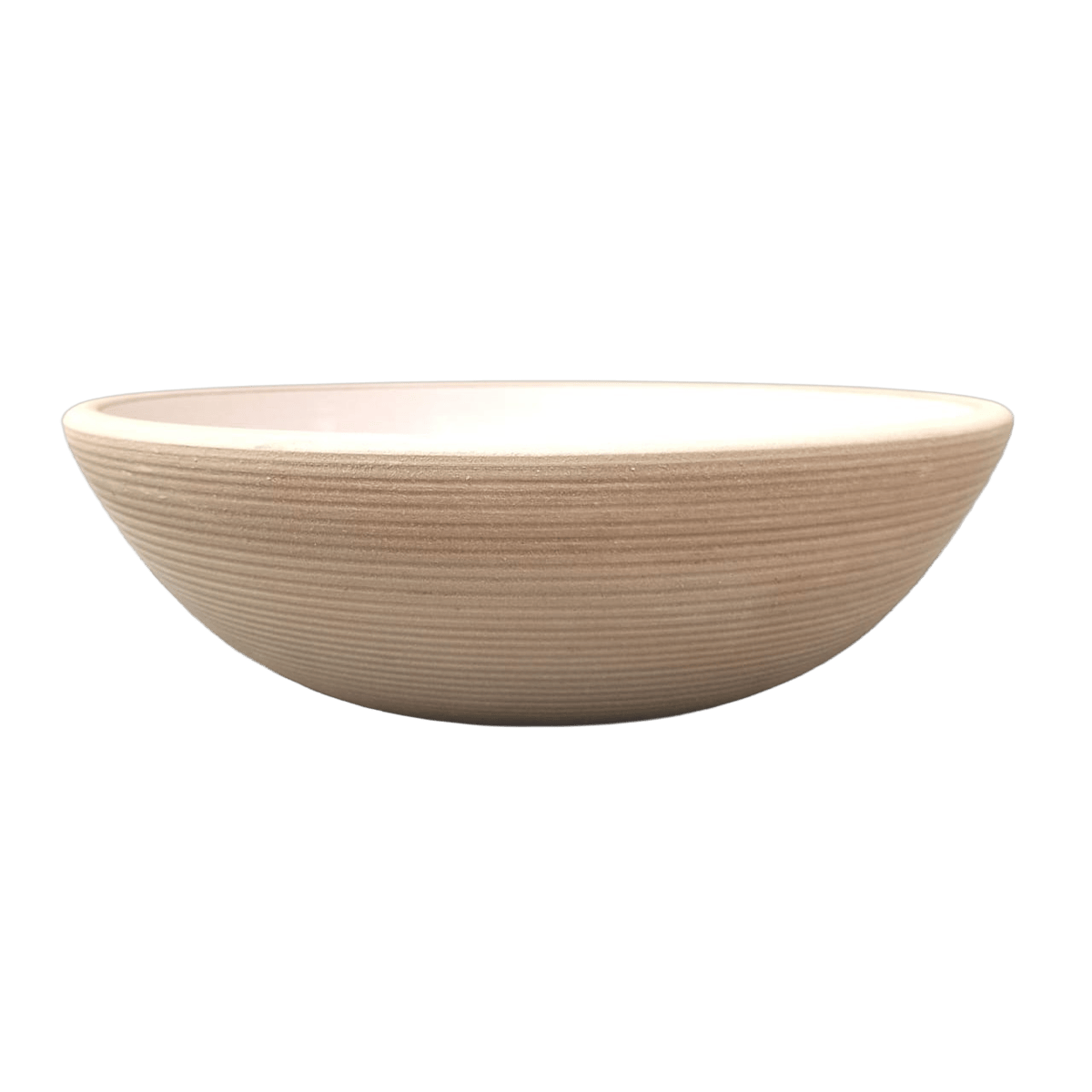 Tierra Round Vessel Ceramic Concrete Sink - Smooth White Ceramic Interior with Textured Sand Exterior
