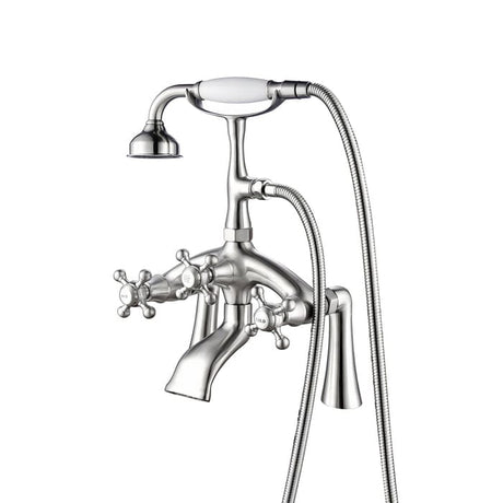 Traditional Deck-Mount Tub Faucet with Metal Hand Shower - Angular Body and Vintage Couplers