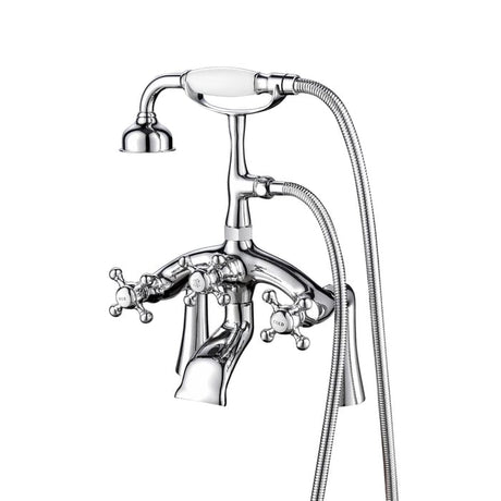 Traditional Deck-Mount Tub Faucet with Metal Hand Shower - Angular Body and Vintage Couplers