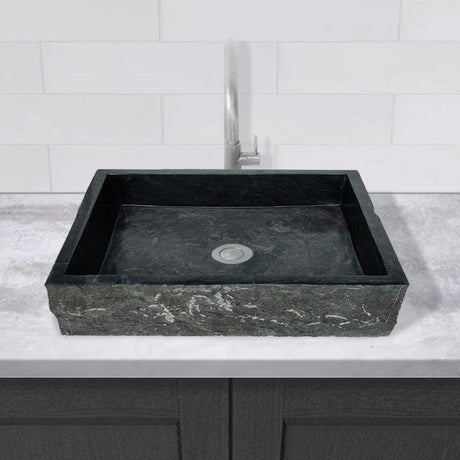 Velpa Marble Vessel Sink with Chiseled Exterior - Polished Black Interior