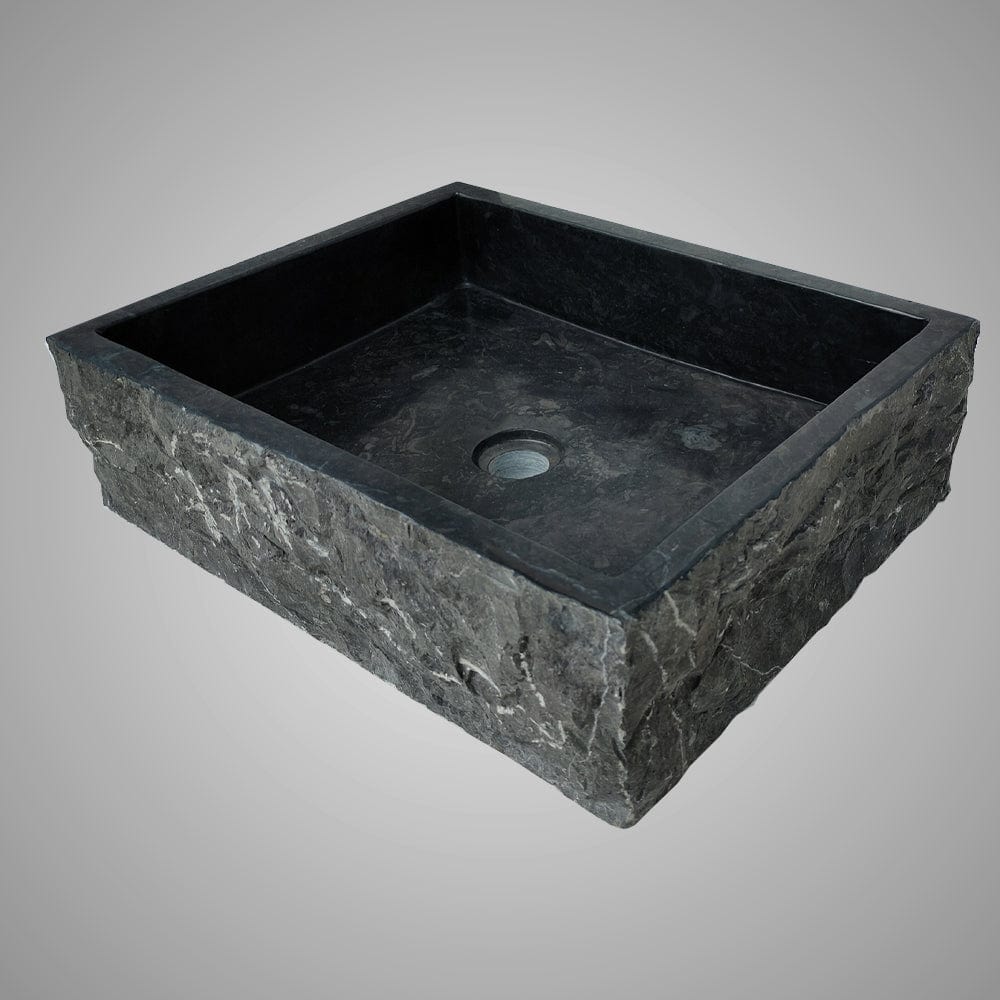 Velpa Marble Vessel Sink with Chiseled Exterior - Polished Black Interior