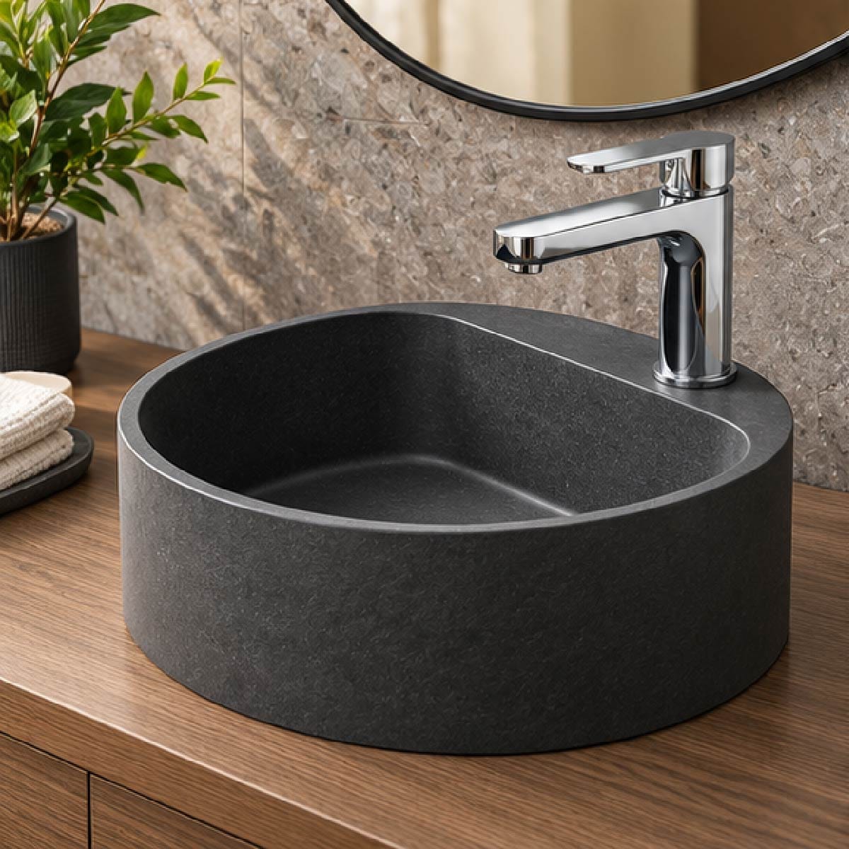 Welland Round Cast Concrete Vessel Sink - Speckled Dark Grey Sandstone