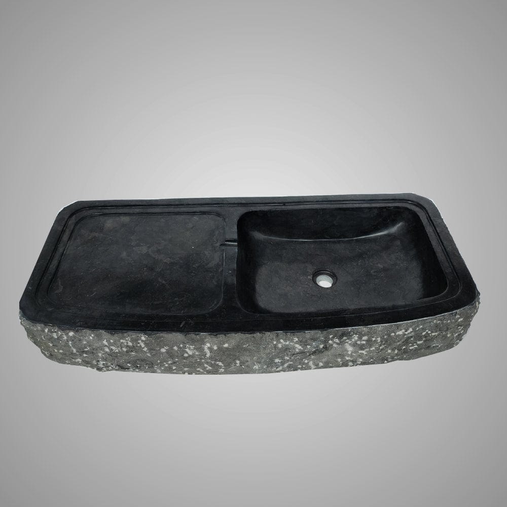 Zelsa Marble Double-Bowl Vessel Sink with Chiseled Exterior - Black