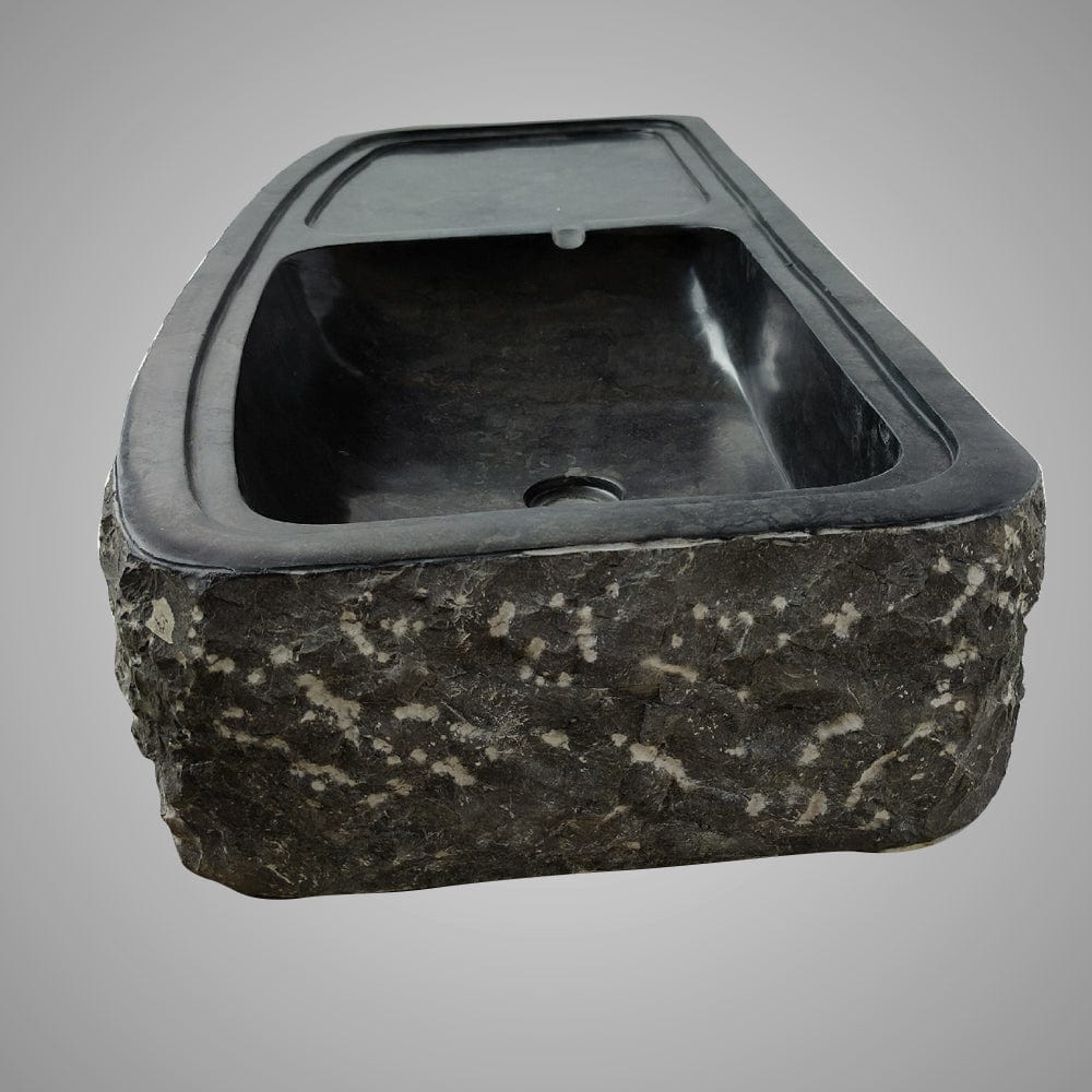 Zelsa Marble Double-Bowl Vessel Sink with Chiseled Exterior - Black
