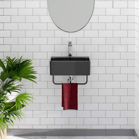 16" Fonzo Wall-Mount Black Vitreous China Sink with Black Powdercoat Steel Towel Bar