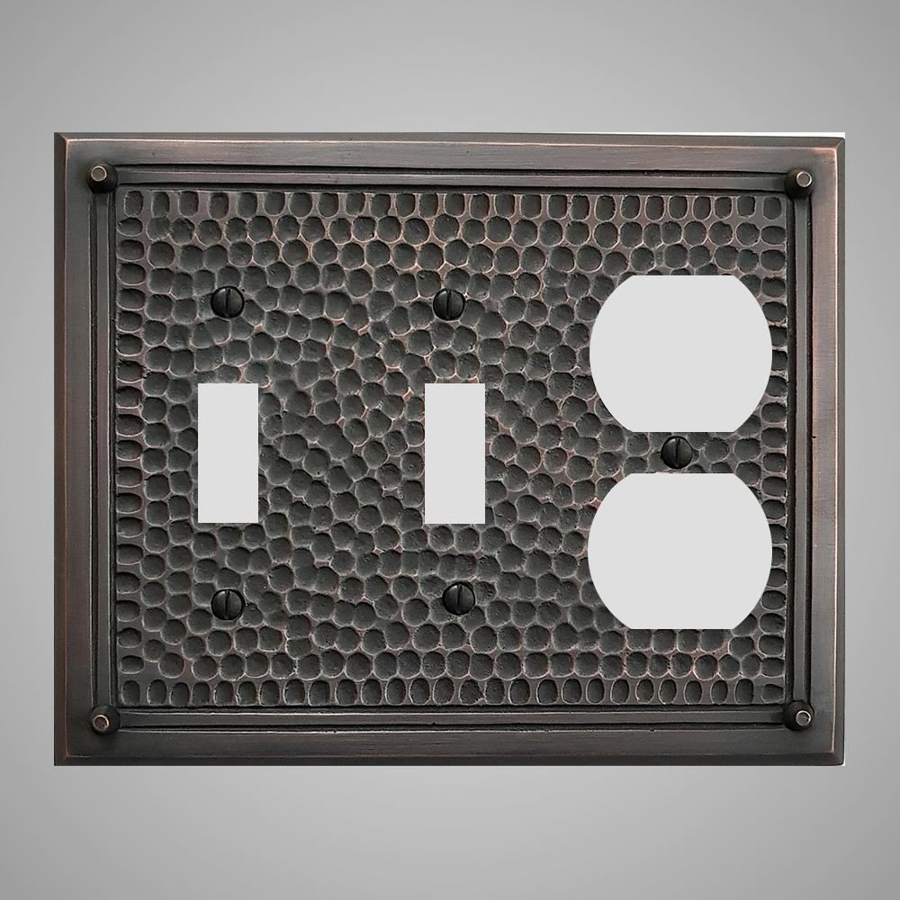 2 Toggle, 1 Duplex Wall Switch Plate - Framed Hammered Design