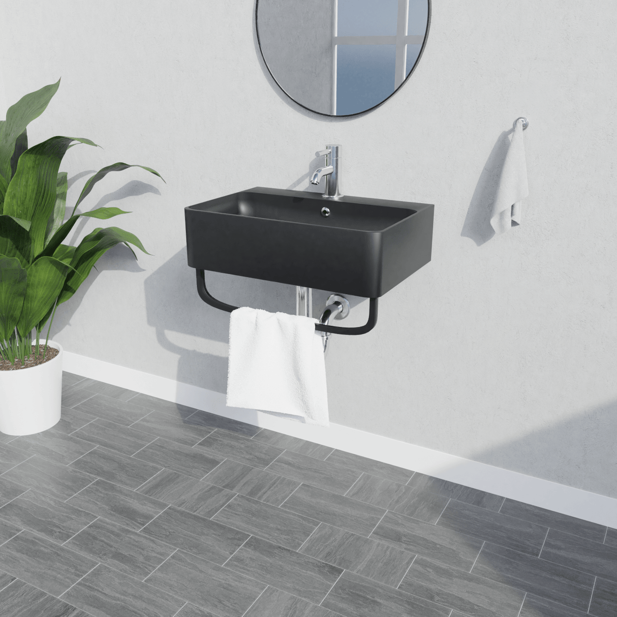 20" Cowen Wall-Mount Black Vitreous China Sink with Black Powdercoat Steel Towel Bar