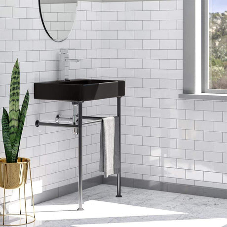 24" Arminto Black Vitreous China Console Bathroom Sink with Black Powdercoat Steel Stand