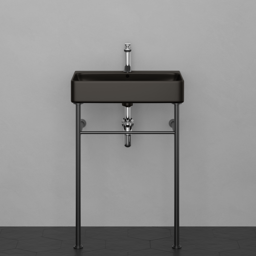 24" Arminto Black Vitreous China Console Bathroom Sink with Black Powdercoat Steel Stand