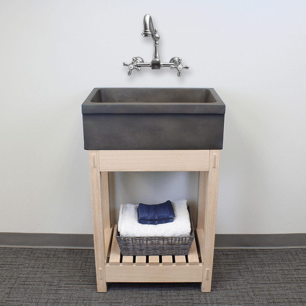 24" Ramis Cast Concrete Smooth Apron Single-Bowl Farmhouse Sink with Top Lip - Dusk Grey - Wooden Vanity Unit