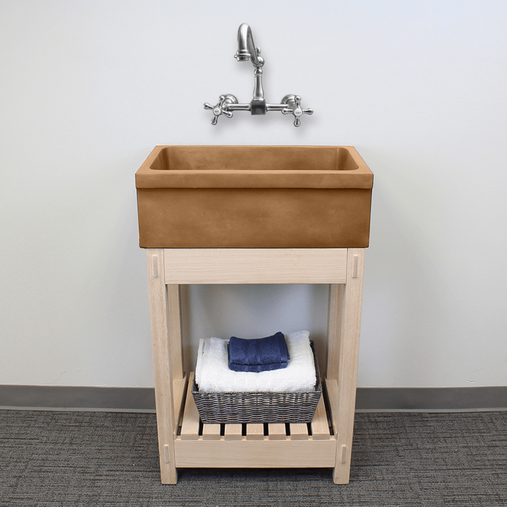 24" Ramis Cast Concrete Smooth Apron Single-Bowl Farmhouse Sink with Top Lip - Vintage Brown - Wooden Vanity Unit