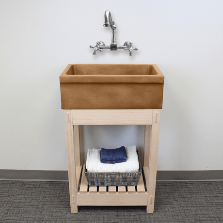 24" Ramis Cast Concrete Smooth Apron Single-Bowl Farmhouse Sink with Top Lip - Vintage Brown - Wooden Vanity Unit