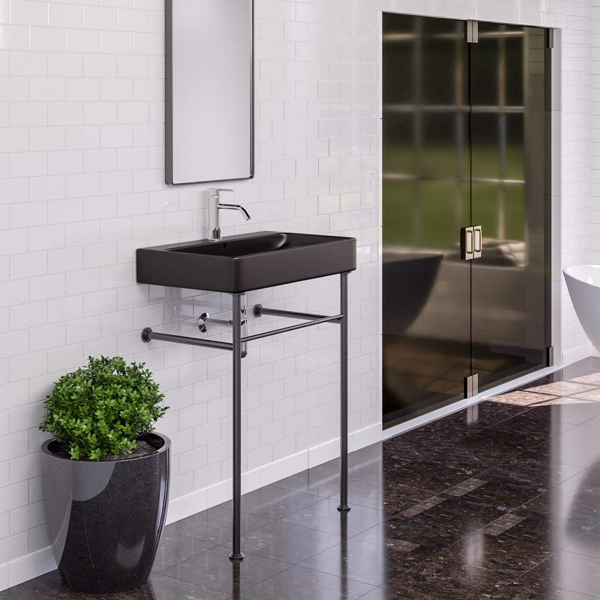 28" Kemmerer Black Vitreous China Console Bathroom Sink with Black Powdercoat Steel Stand