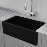 30" Bepster Handcrafted Fireclay Single-Bowl Smooth Farmhouse B-Grade Sink with Offset Drain- Matte Black