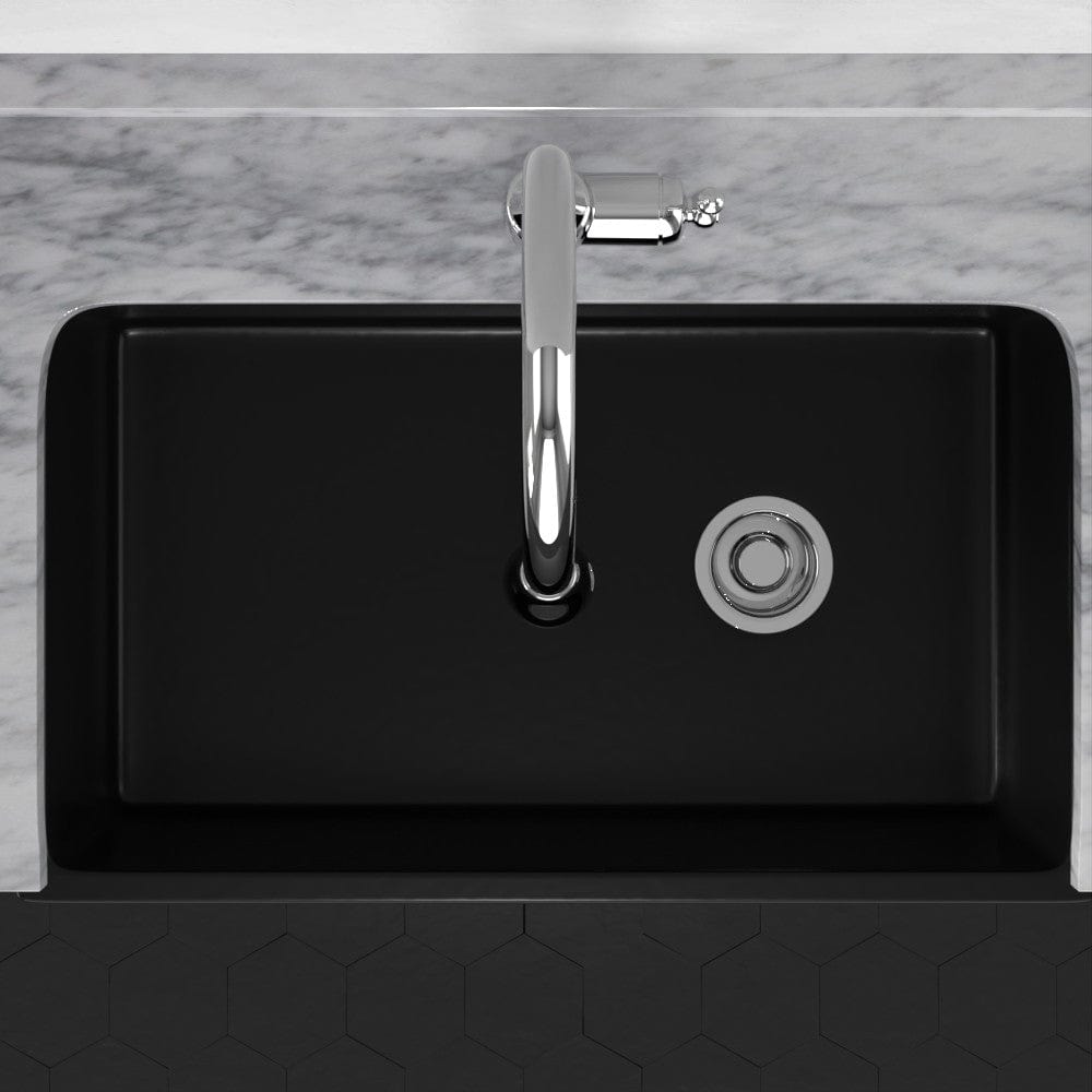 30" Bepster Handcrafted Fireclay Single-Bowl Smooth Farmhouse B-Grade Sink with Offset Drain- Matte Black