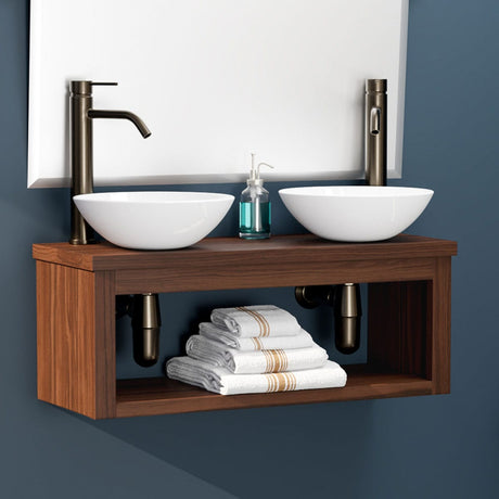 30" Thanesta Teak Wall-Mount Double Vessel Sink Vanity with Shelf - Dark Antique