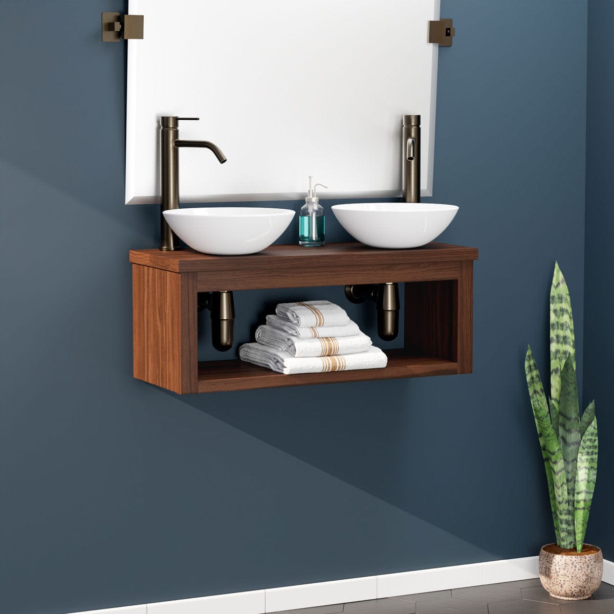 30" Thanesta Teak Wall-Mount Double Vessel Sink Vanity with Shelf - Dark Antique