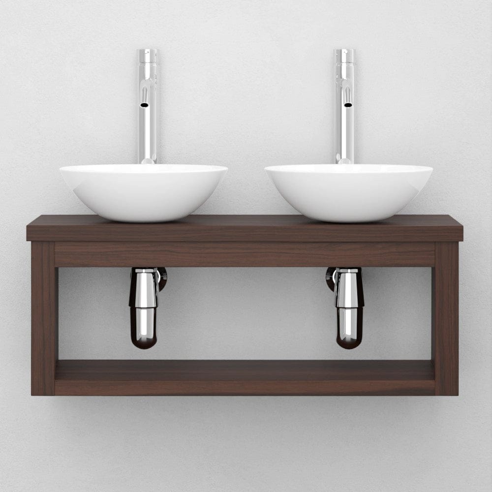 30" Thanesta Teak Wall-Mount Double Vessel Sink Vanity with Shelf - Dark Antique