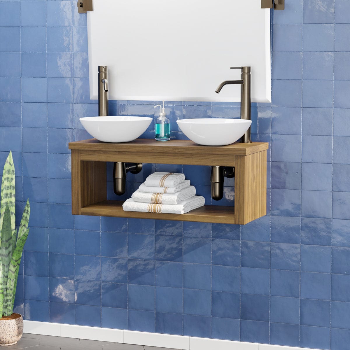 30" Thanesta Teak Wall-Mount Double Vessel Sink Vanity with Shelf - Natural Teak