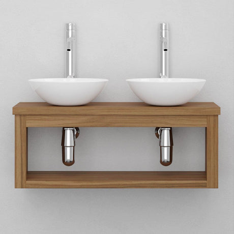 30" Thanesta Teak Wall-Mount Double Vessel Sink Vanity with Shelf - Natural Teak