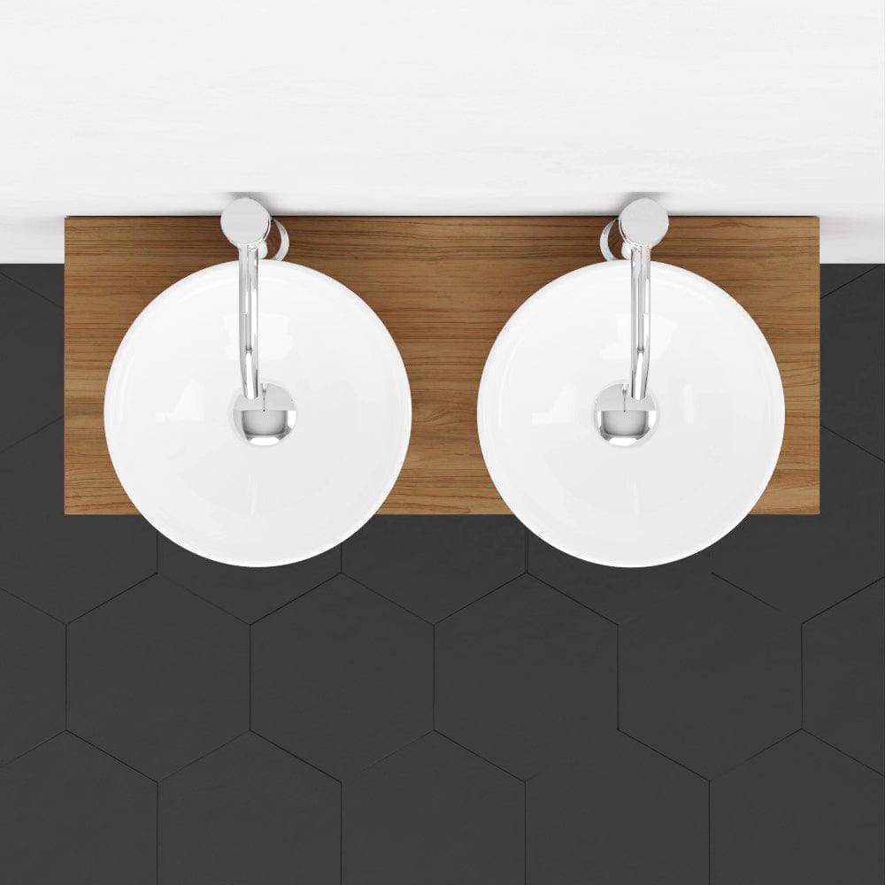 30" Thanesta Teak Wall-Mount Double Vessel Sink Vanity with Shelf - Natural Teak