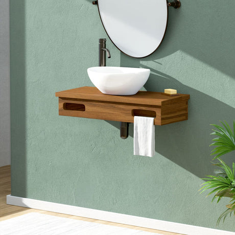 30" Thaxton Teak Wall-Mount Vessel Vanity with Double Towel Bars - Natural Teak