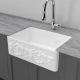 30" Ulan Handcrafted Fireclay Single-Bowl Vine Apron Farmhouse Sink - White
