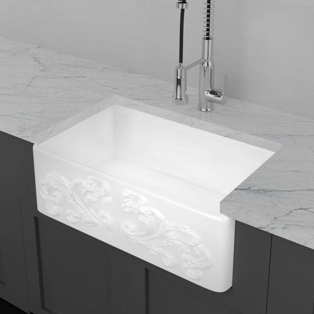 30" Una Handcrafted Fireclay Single-Bowl Foliage Apron Farmhouse B-Grade Sink - White