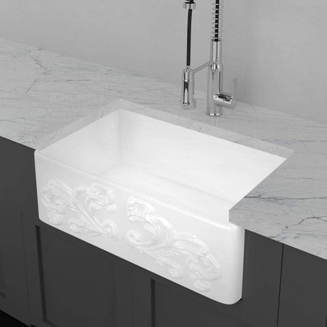 30" Una Handcrafted Fireclay Single-Bowl Foliage Apron Farmhouse B-Grade Sink - White