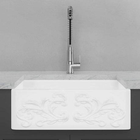 30" Una Handcrafted Fireclay Single-Bowl Foliage Apron Farmhouse B-Grade Sink - White