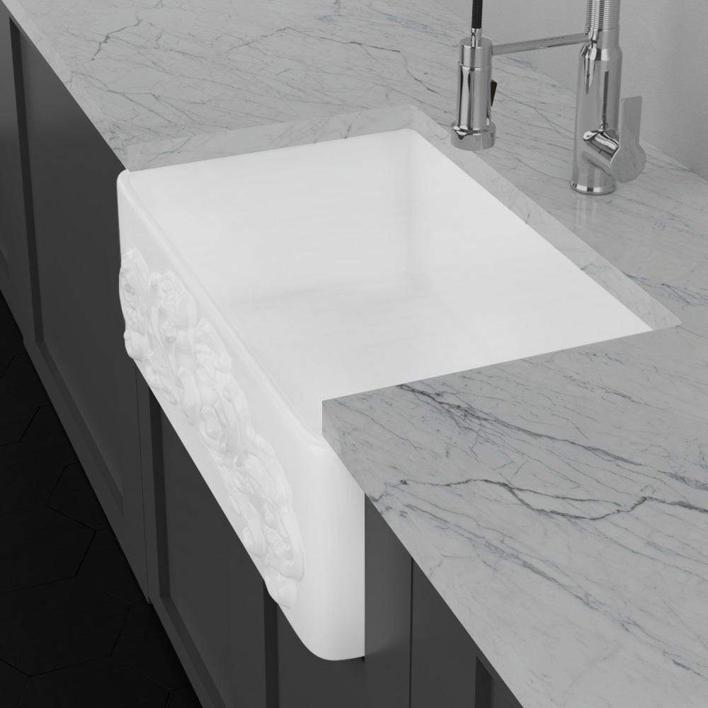 30" Una Handcrafted Fireclay Single-Bowl Foliage Apron Farmhouse B-Grade Sink - White