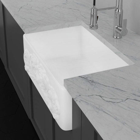 30" Una Handcrafted Fireclay Single-Bowl Foliage Apron Farmhouse B-Grade Sink - White