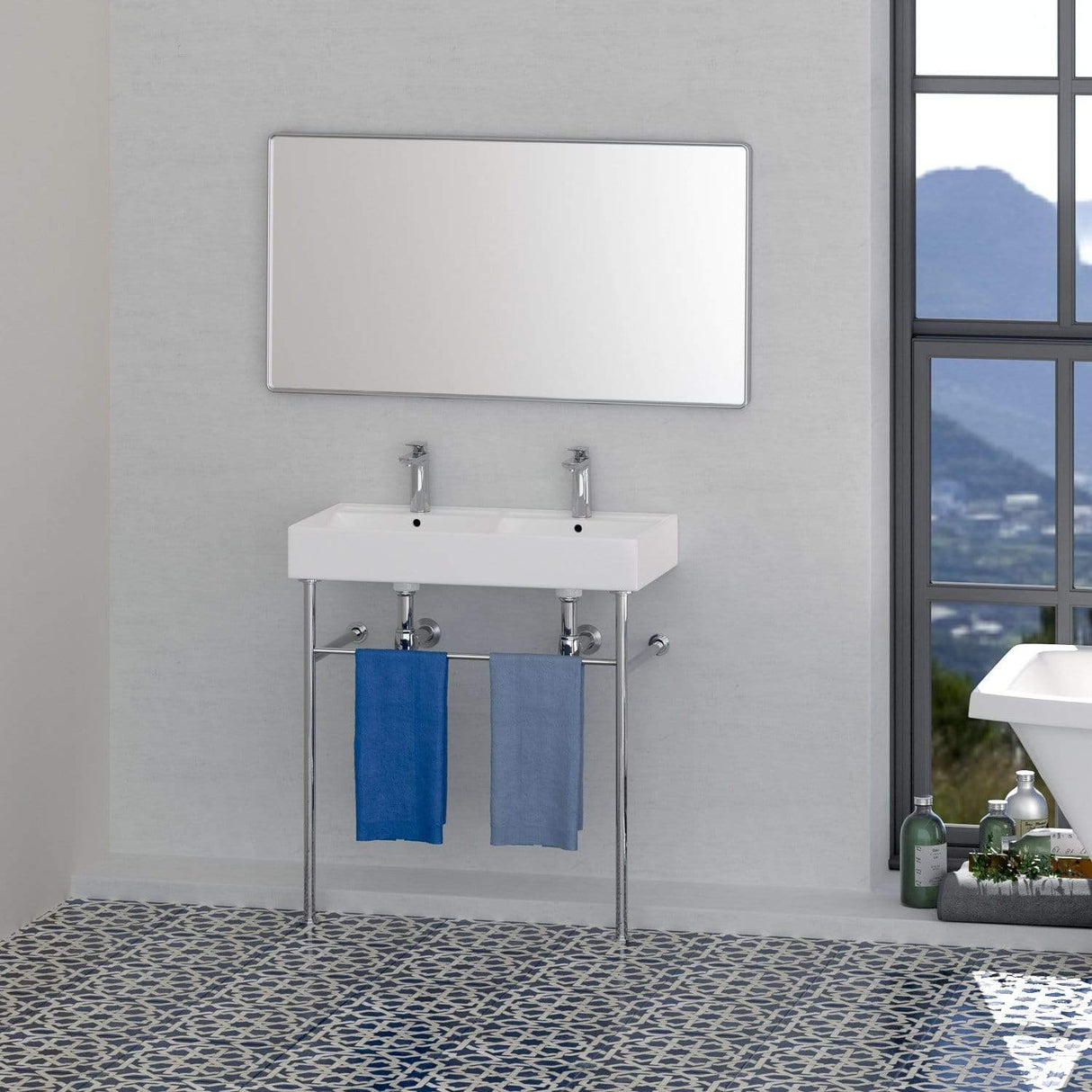 32" Elkins Double Bowl Vitreous China Console Bathroom Sink with Steel Stand