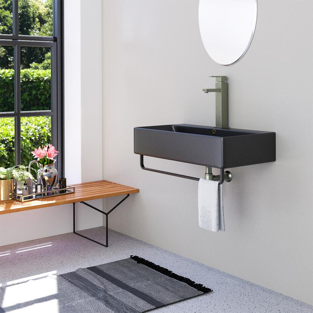 32" Lesage Wall-Mount Black Vitreous China Sink with Black Powdercoat Steel Towel Bar