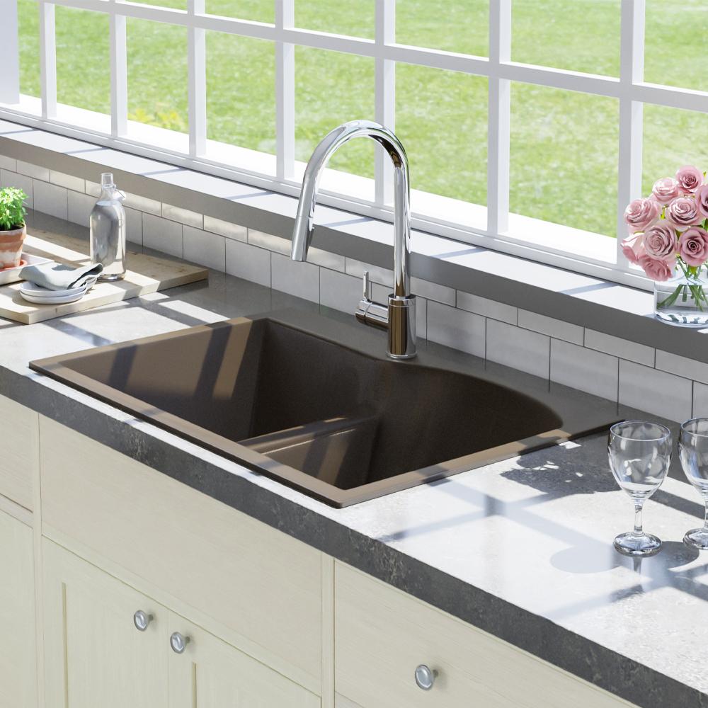 33" Bysen 60/40 Offset Double-Bowl  Granite Composite Sink - Brown