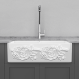 33" Ulan Handcrafted Fireclay Double-Bowl Vine Apron Farmhouse B-Grade Sink - White