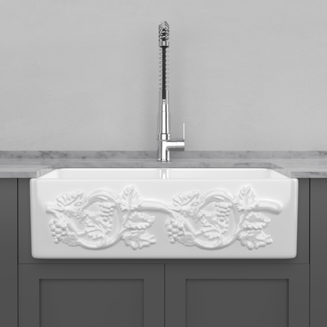 33" Ulan Handcrafted Fireclay Double-Bowl Vine Apron Farmhouse B-Grade Sink - White