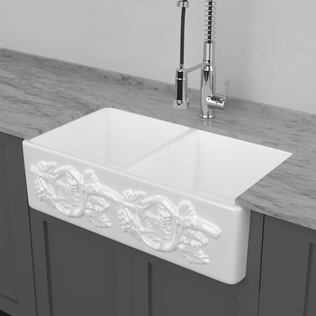 33" Ulan Handcrafted Fireclay Double-Bowl Vine Apron Farmhouse B-Grade Sink - White