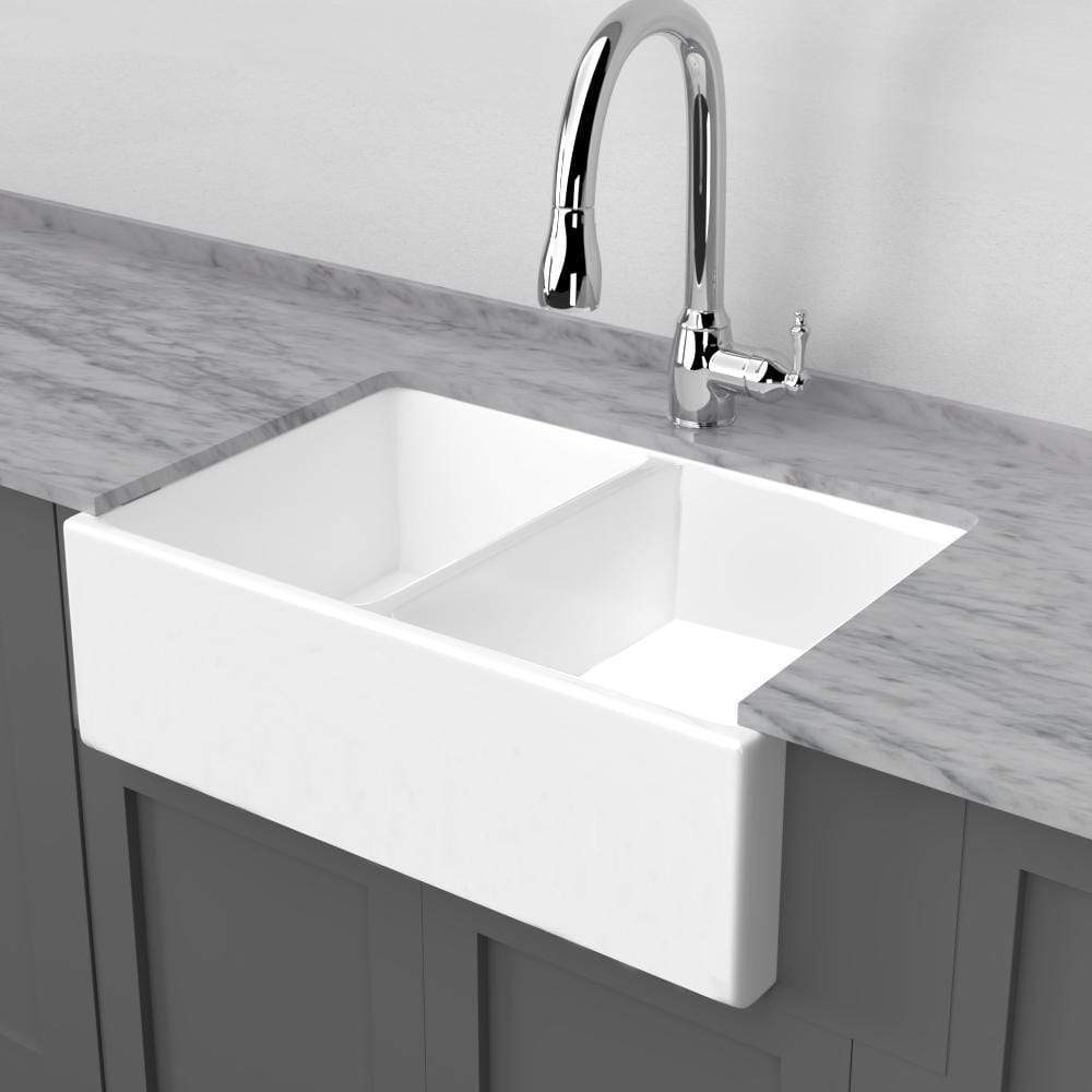 33" Umber Handcrafted Fireclay Double-Bowl Smooth Apron Farmhouse B-Grade Sink - White