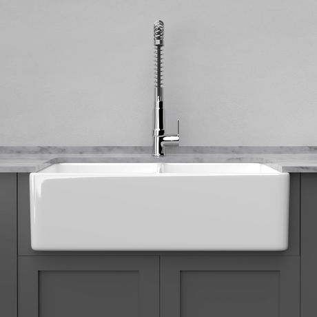 33" Umber Handcrafted Fireclay Double-Bowl Smooth Apron Farmhouse Sink - White