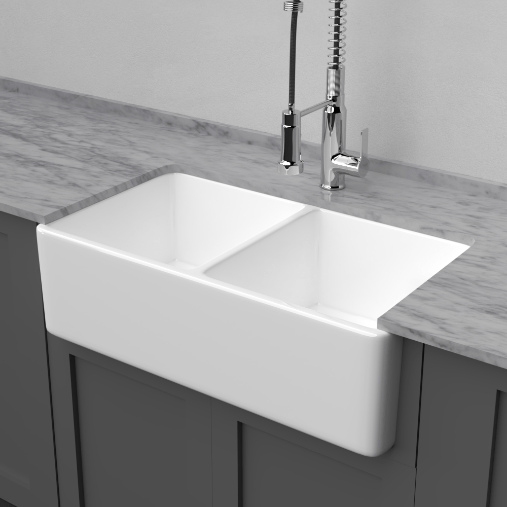 33" Umber Handcrafted Fireclay Double-Bowl Smooth Apron Farmhouse Sink - White