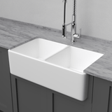 33" Umber Handcrafted Fireclay Double-Bowl Smooth Apron Farmhouse Sink - White