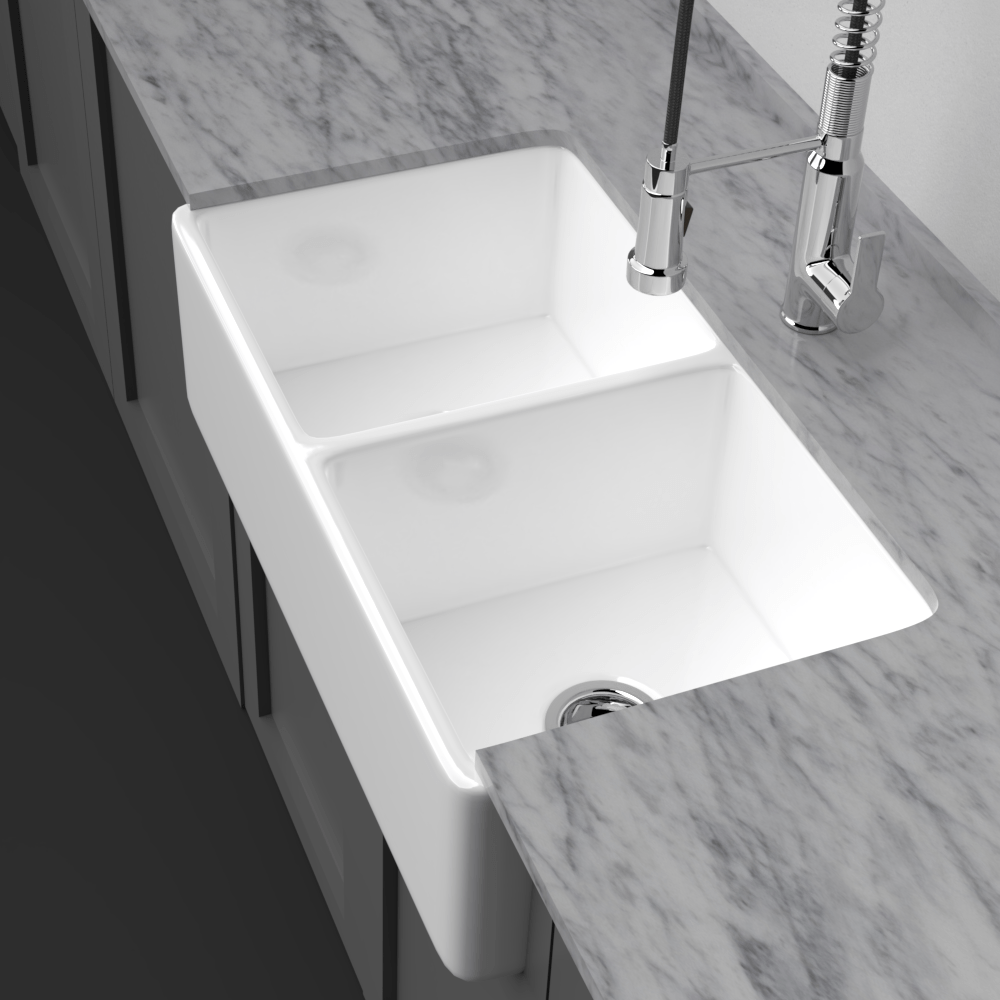 33" Umber Handcrafted Fireclay Double-Bowl Smooth Apron Farmhouse Sink - White