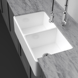 33" Umber Handcrafted Fireclay Double-Bowl Smooth Apron Farmhouse Sink - White